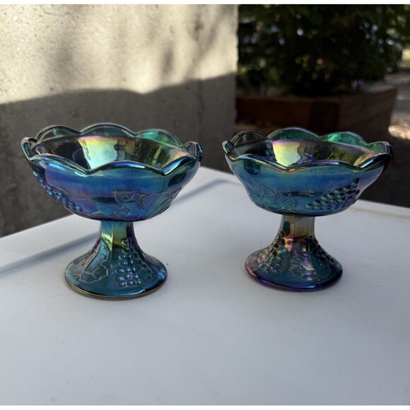 Blue Carnival Glass Harvest Grape Candle Holders - Picture 1 of 8